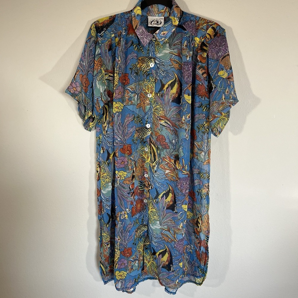 VTG Uluwatu Sheer Dress Coral Reef Fish Vacation Beach Resort Swim Cover Up Sz L